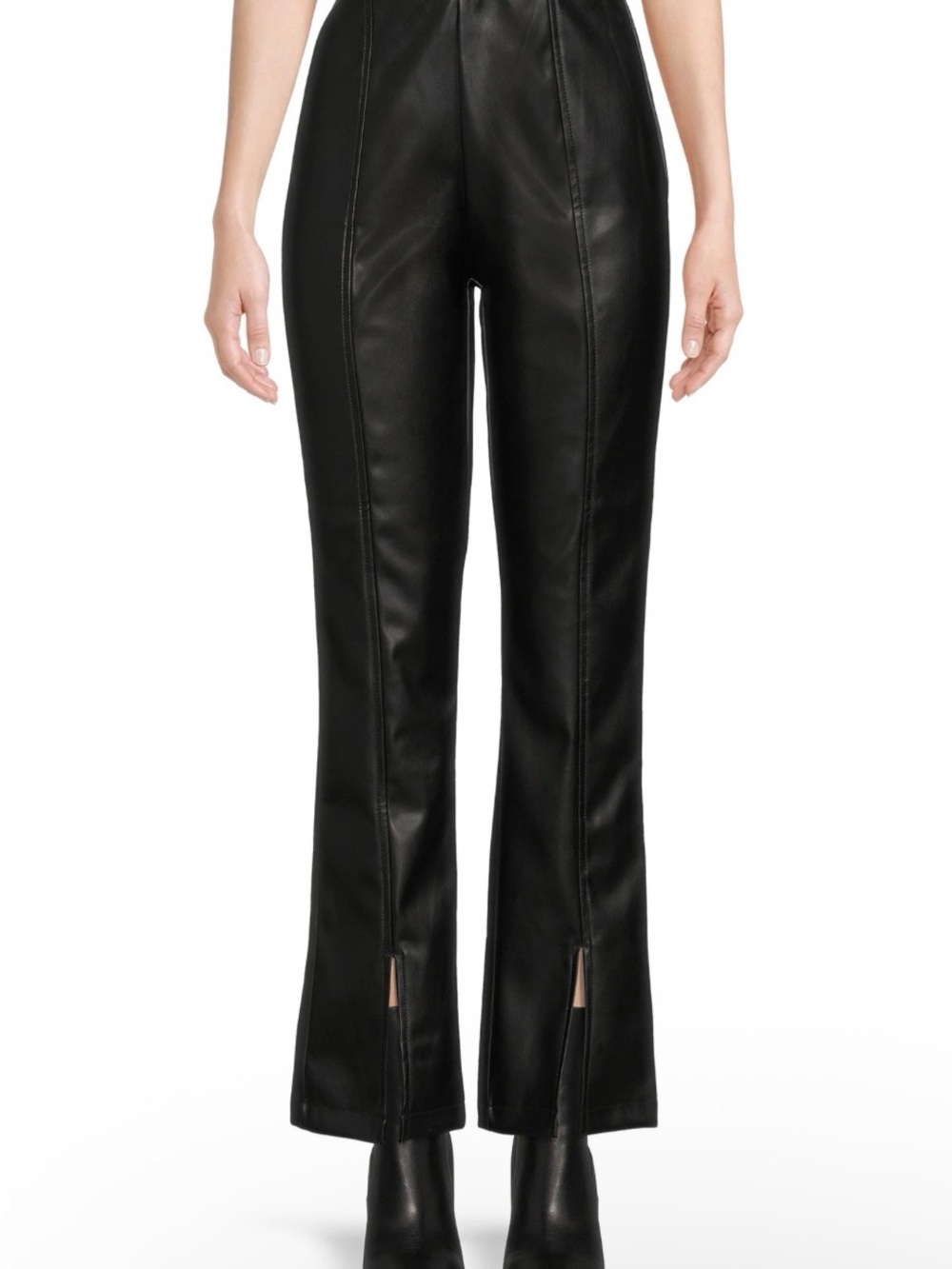 Topshop Black Faux Leather Boot Cut Pants with Front Slit